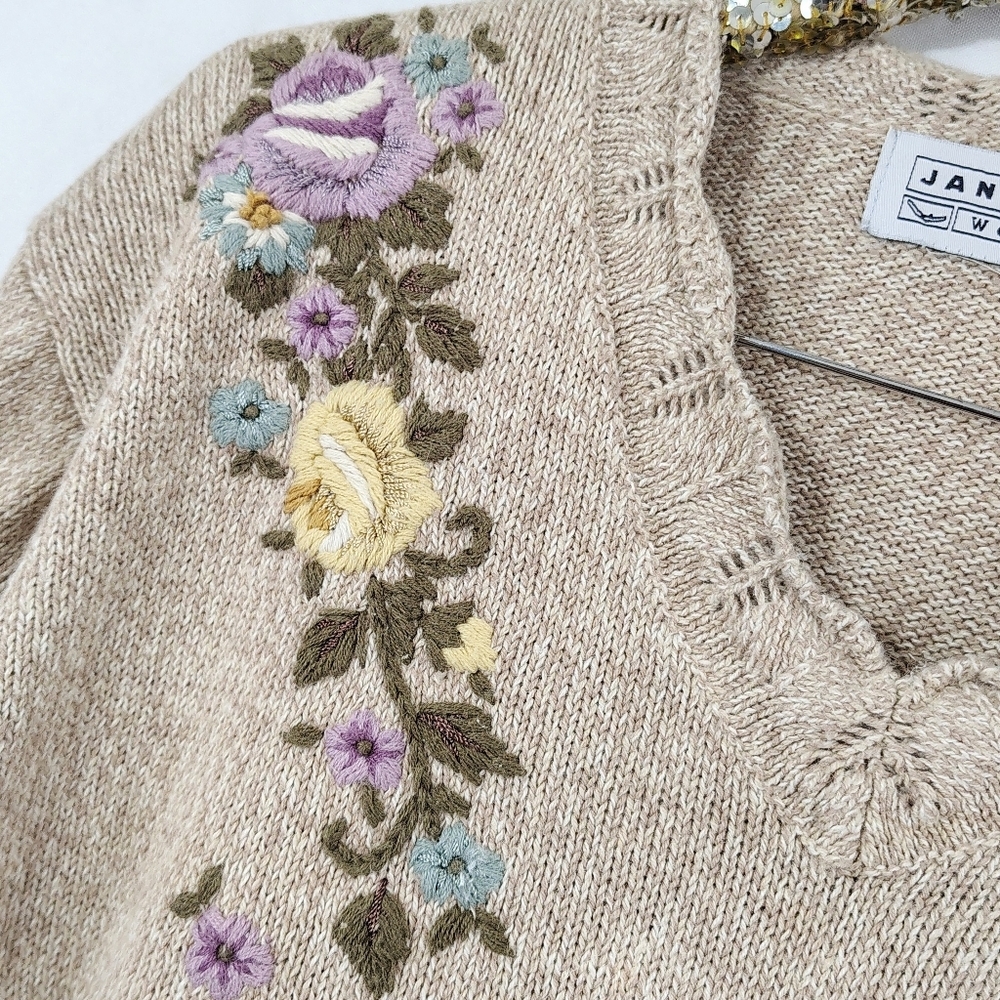 Vintage 90s Jantzen Women's Tan Plus Size Floral Embroidery Sweater Cottagecore - Picture 5 of 9